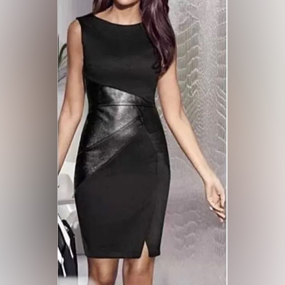 Faux Leather Patchwork Casual Pencil Dress Bodycon Sleeveless Elegant Dresses